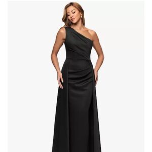 Xscape One-Shoulder Black Satin Evening Gown with overskirt